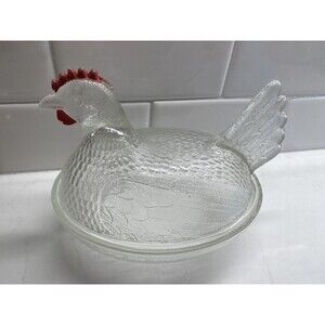 Vintage Hen On Nest Indiana Glass Candy Dish Clear with Red Comb, Covered, 6.5"
